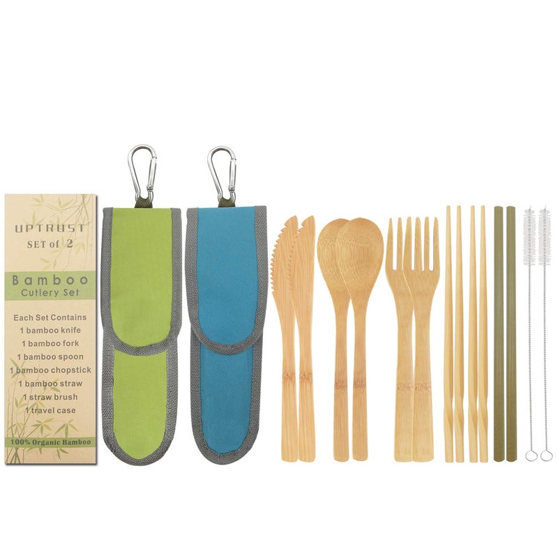 UPTRUST 2 Set Bamboo Cutlery Set Bamboo Travel Utensil Reusable Table cutlery Fork Knife Spoon Chopsticks Straw Cleaning Brush for Travel Picnic School Officeï¼ˆSkyblue& Greenï¼‰ - Image 1
